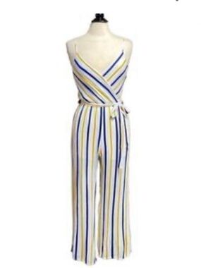 Dry Goods Striped Wrap Jumpsuit in White, Blue & Yellow